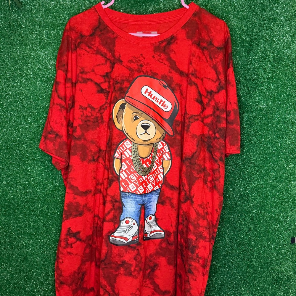 Hustle Teddy Bear Red Black Tie Dye Graphic T-Shirt Men's 3XL Streetwear